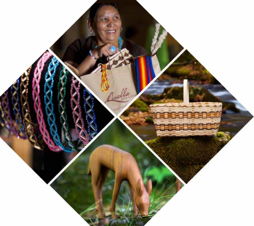 A collage of four images: a smiling woman holding colorful handcrafted bags, a detailed handmade basket on a rock by water, and a wooden carving of a deer in a natural setting.
