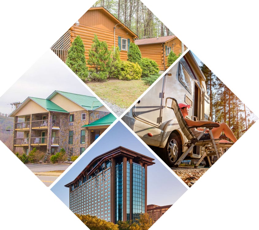 collage of hotel motel cabin and rv
