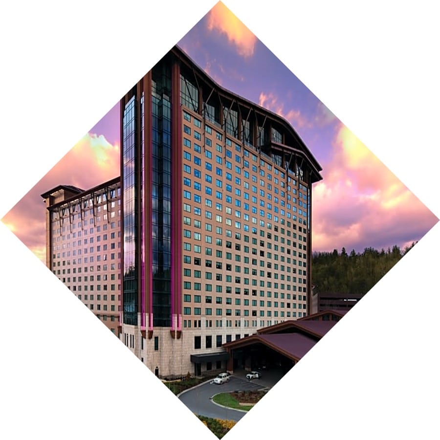 harrahs resort exterior view against sunset