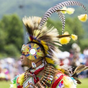 performers wearing vibrant traditional attire perform a dance at a 4th of July powwow, while spectators watch.