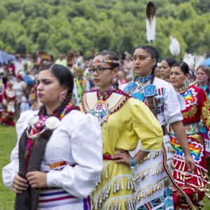 performers wearing vibrant traditional attire perform a dance at a 4th of July powwow, while spectators watch.