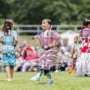performers wearing vibrant traditional attire perform a dance at a 4th of July powwow, while spectators watch.