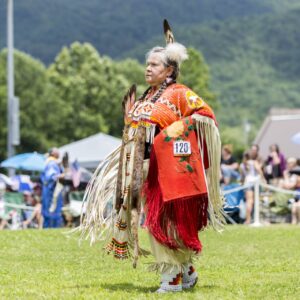 performers wearing vibrant traditional attire perform a dance at a 4th of July powwow, while spectators watch.