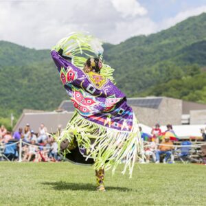 performers wearing vibrant traditional attire perform a dance at a 4th of July powwow, while spectators watch.