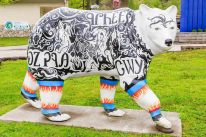 colorful bear sculpture from Cherokee Bears Project language bear