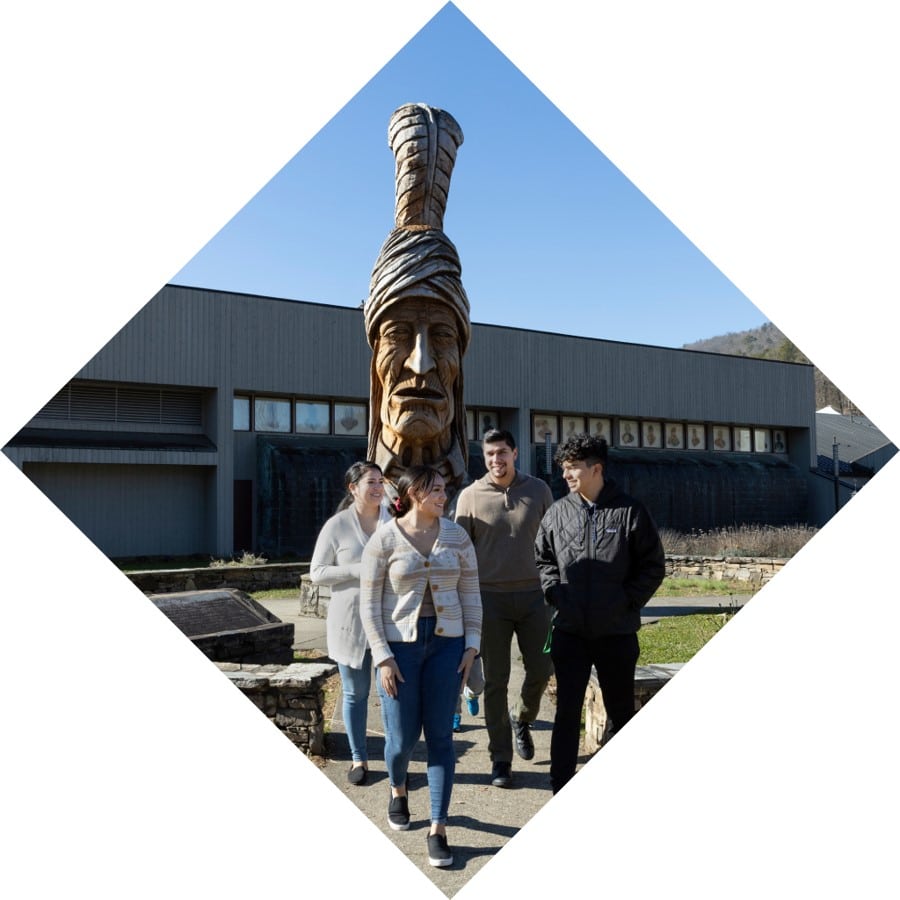 A large wooden sculpture of a native American figure with a feathered headdress, displayed at the Museum of the Cherokee People, amidst mountains and in a lush garden setting with visitors walking around.