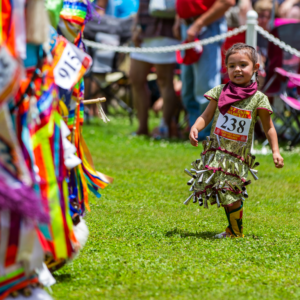 performers wearing vibrant traditional attire perform a dance at a 4th of July powwow, while spectators watch.