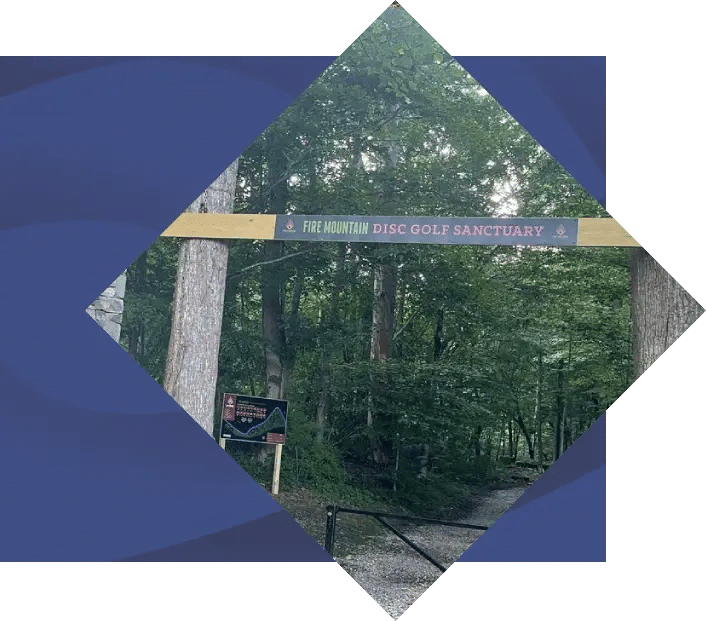 fire mountain disc entrance on blue background
