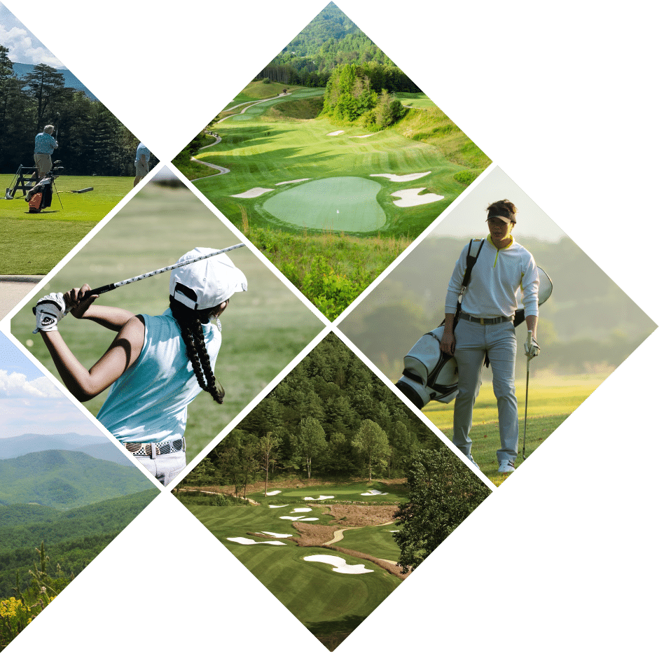 Collage of golf-themed attractions featuring players in action, a scenic golf course with lush greens and ponds, and a golfer carrying a bag walking across a field.